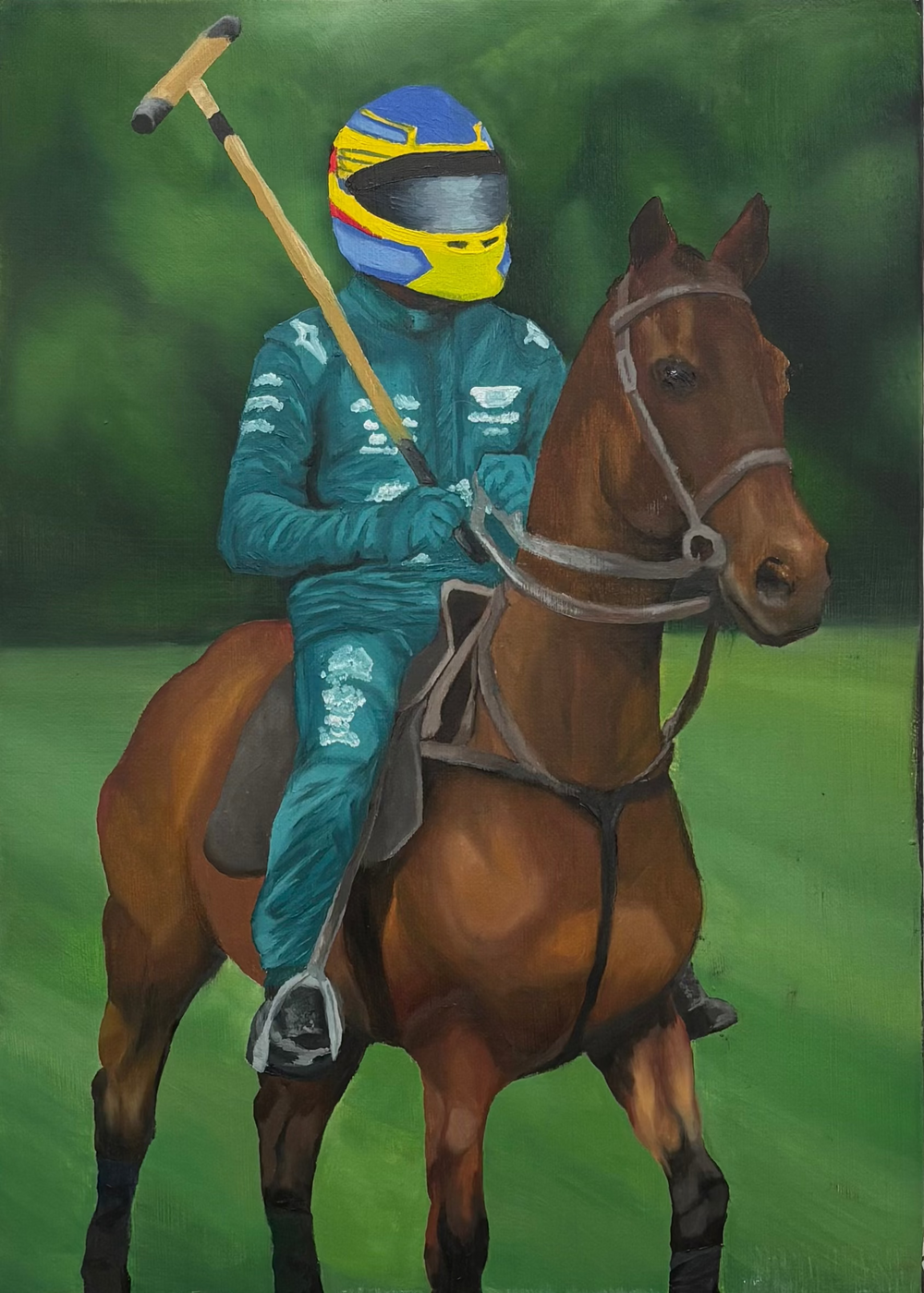 A painted portrait of a jockey riding a brown horse, with the rider wearing a blue, yellow, and red racing helmet and green racing suit a duplicate of Aston Martin's f1 driver Fernando Alonso's safety gear against a green background.